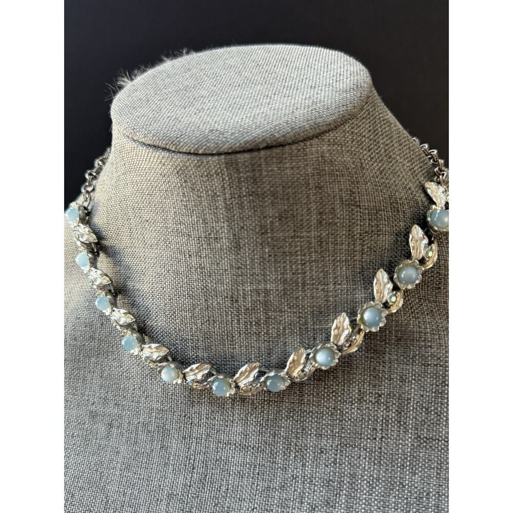 Vintage Judy Lee Moon Glow Necklace Choker Blue Thermoset Silver Tone Signed
